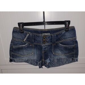 Mudd Low Rise Denim Shorts Medium Wash Triple Button Fly Contrast Stitch Size 3